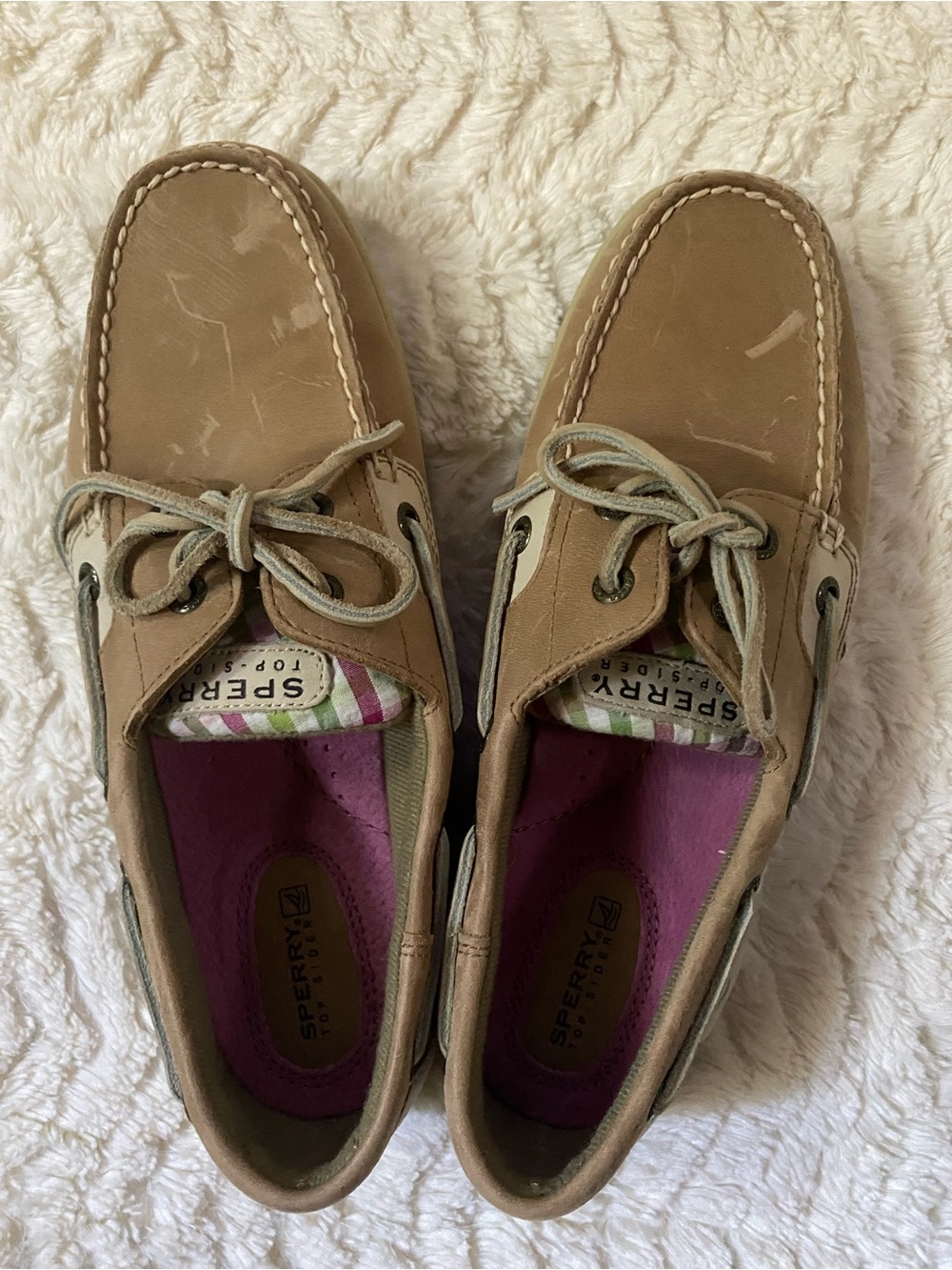 Sperry Tan Leather Boat Shoes with Pink Insole